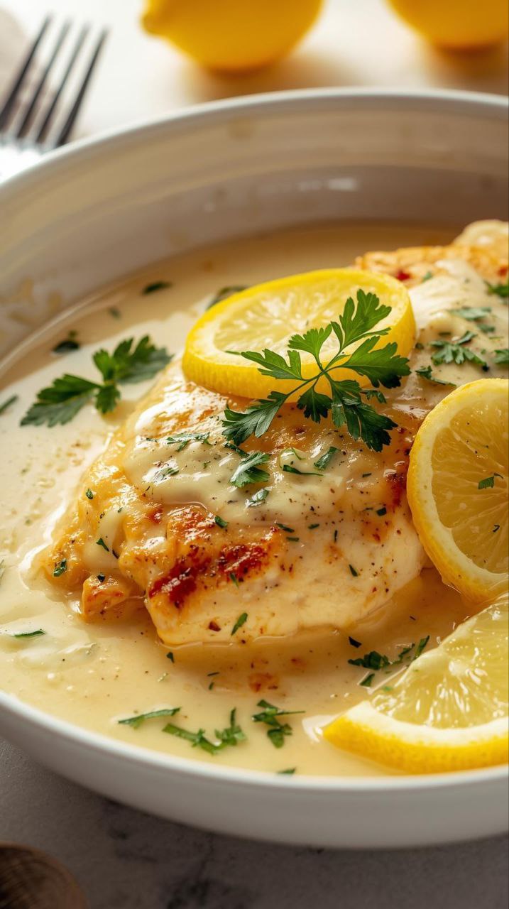 Lemon butter chicken francese in a light creamy sauce garnished with parsley and fresh lemon slices