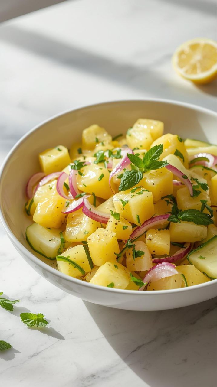 Pineapple cucumber salad with red onion and fresh mint in a white bowl.