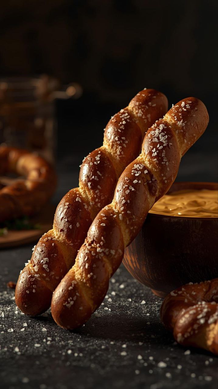 Freshly baked German soft pretzel sticks with sea salt served with a side of cheese dip in a professional studio setting.