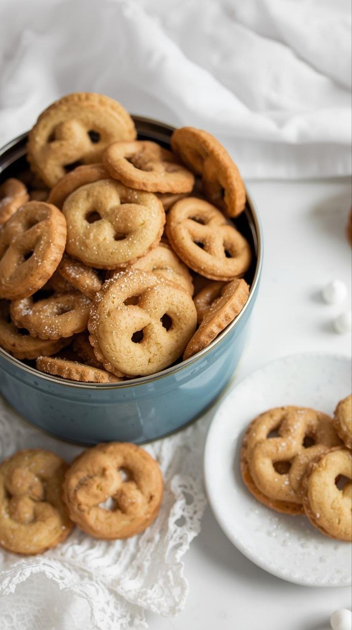 Classic Danish butter cookies in a blue tin, with assorted shapes arranged on a white plate.