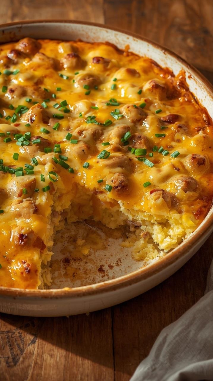 Easy sausage and egg casserole in a ceramic dish, topped with melted cheese and chives, showing fluffy egg interior.
