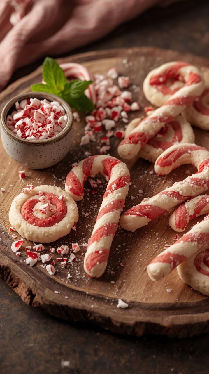 Classic red and white candy cane cookies dusted with crushed peppermint and powdered sugar on a rustic wooden board.