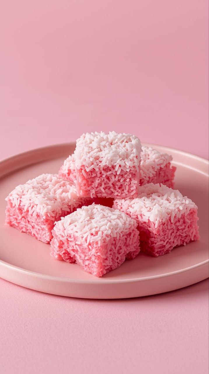 Vibrant pink coconut snowball cake bars coated in shredded coconut, arranged neatly on a pink dessert plate.
